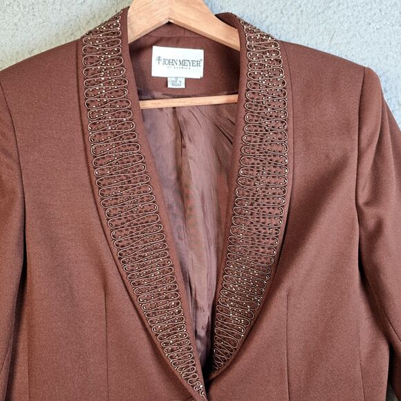 John Meyer Blazer 10 Brown Curved Hem Textured Trim Statement Collar Lined - Picture 16 of 16